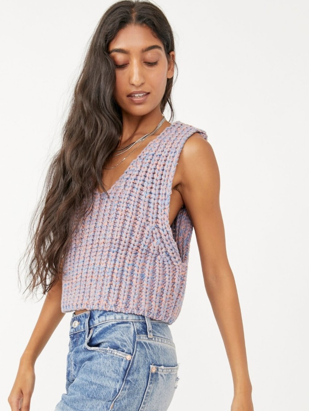 Free People Hoopla Sweater Vest Marled Lilac and Sky Blue Chunky Knit Tank Top